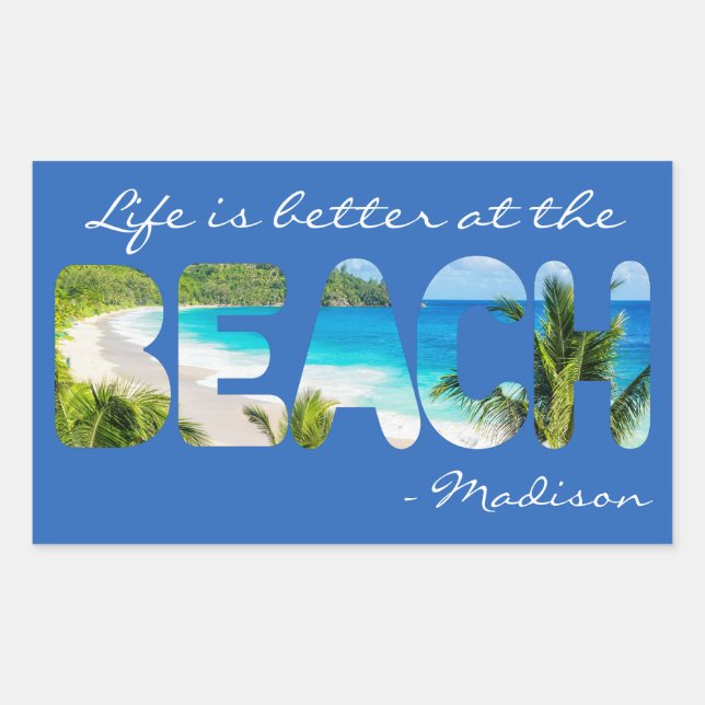 Pegatina Rectangular PLAYA de color y texto personalizado (Anverso)