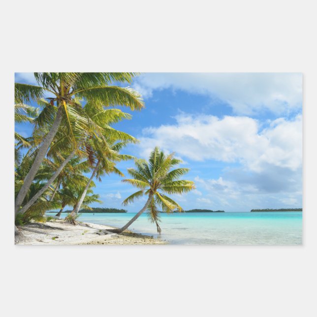 Pegatina Rectangular Playa rectangular de arena blanca y palmera (Anverso)
