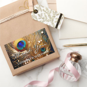 Pegatina Rectangular Plumaje de pavo real gracias boda