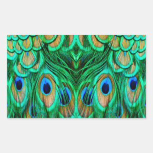 Pegatina Rectangular Plumas de Pavo Real Gloriosas