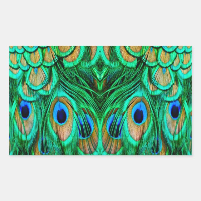 Pegatina Rectangular Plumas de Pavo Real Gloriosas (Anverso)