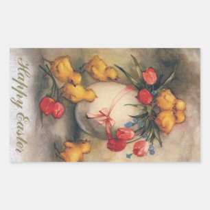 Pegatina Rectangular Pollitos de Pascua vintage con flores de tulipán r