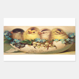 PEGATINA RECTANGULAR POLLOS CON FLORES BLANCOS AZULES EN HUEVOS ORIENTA