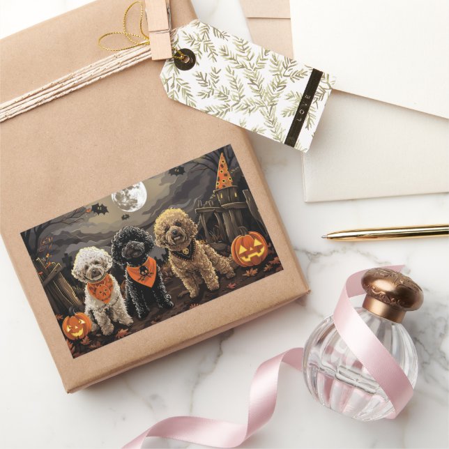 Pegatina Rectangular Poodle Halloween Espeluznante (Regalar)