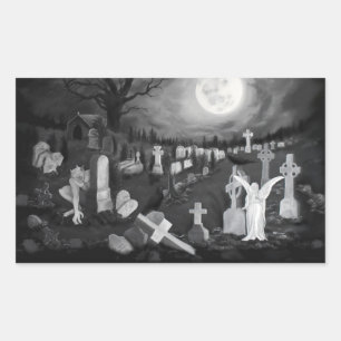 Pegatina Rectangular Por la noche en el cementerio - Ángel con el diabl
