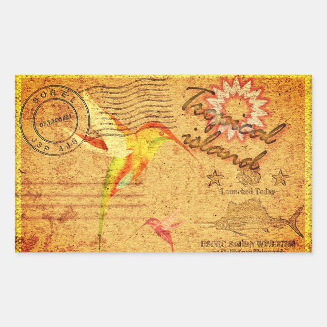 Pegatina Rectangular Postal vintage de la isla tropical (Anverso)