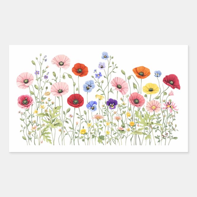 Pegatina Rectangular Prado de flores silvestres con floraciones natural (Anverso)