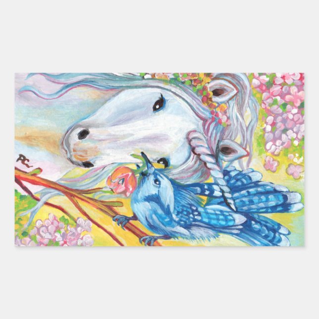 Pegatina Rectangular Primavera Unicornio y Jay (Anverso)