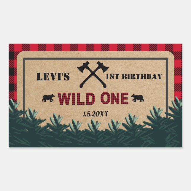 Pegatina Rectangular Primer cumpleaños de Lumberjack, salvaje (Anverso)