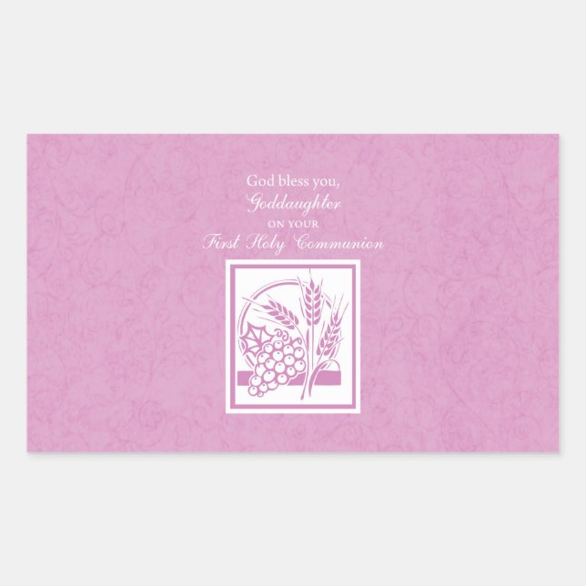 Pegatina Rectangular Primera Comunión de la ahijada, Rosa (Anverso)