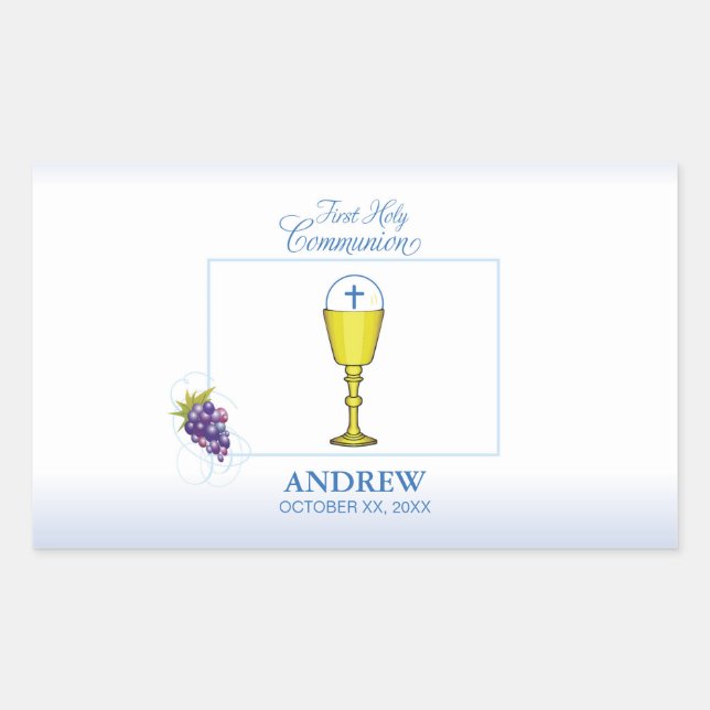 Pegatina Rectangular Primera Comunión Niño, Cáliz con Hostia y Uvas (Anverso)