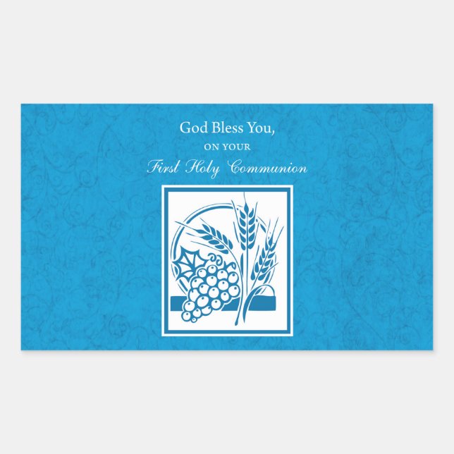 Pegatina Rectangular Primera comunión, trigo, uvas azul (Anverso)