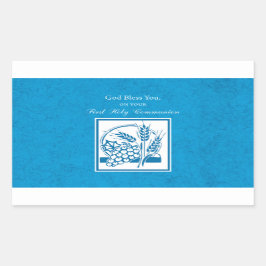 Pegatina Rectangular Primera comunión, trigo, uvas azul