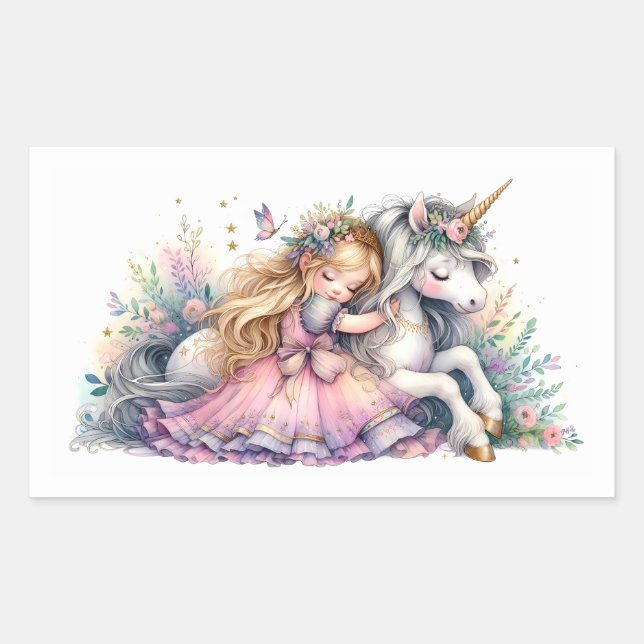 Pegatina Rectangular Princess Unicorn Pastel Fairytale Fantasy (Anverso)