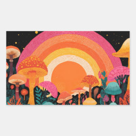 Pegatina Rectangular Psychedelic Mushroom Sunset – Retro Fantasy Nature