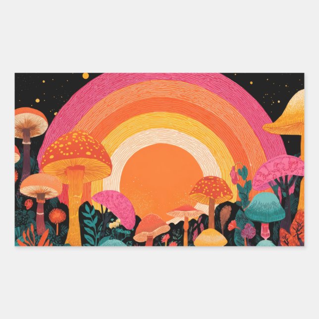 Pegatina Rectangular Psychedelic Mushroom Sunset – Retro Fantasy Nature (Anverso)