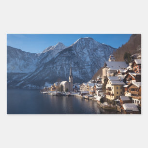 Pegatina Rectangular Pueblo de Hallstatt en la nieve en invierno