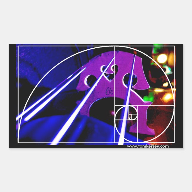 Pegatina Rectangular Puente Cello y cuerdas con espiral de Fibonacci (Anverso)