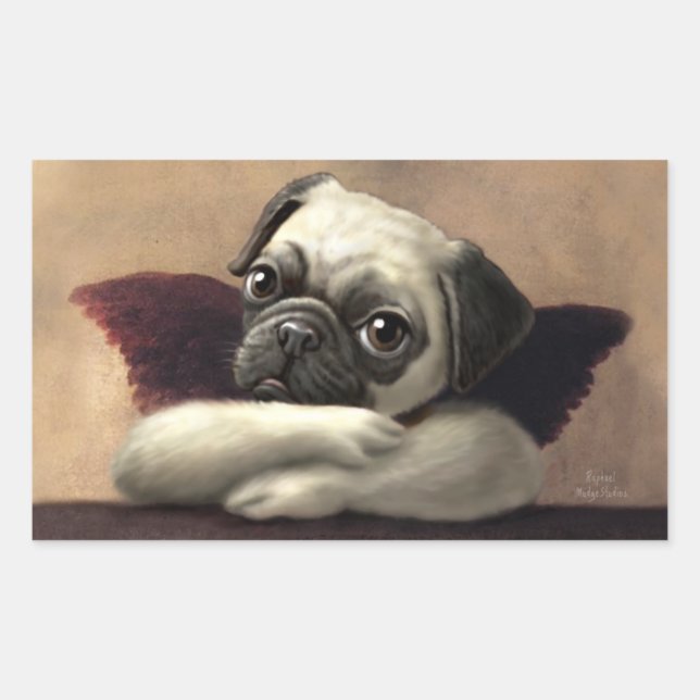 Pegatina Rectangular Pug Cherubs inspirado por Raphael (Anverso)