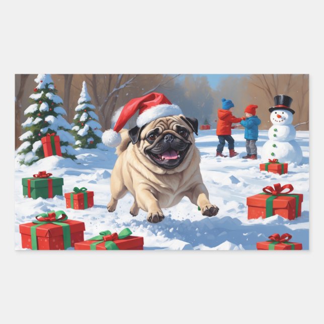 Pegatina Rectangular Pug corriendo en la nieve con sombrero de Navidad (Anverso)