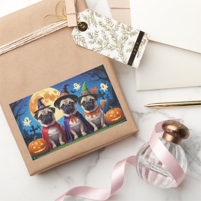 Pegatina Rectangular Pug Dog Pumpkin Halloween Funny (Regalar)
