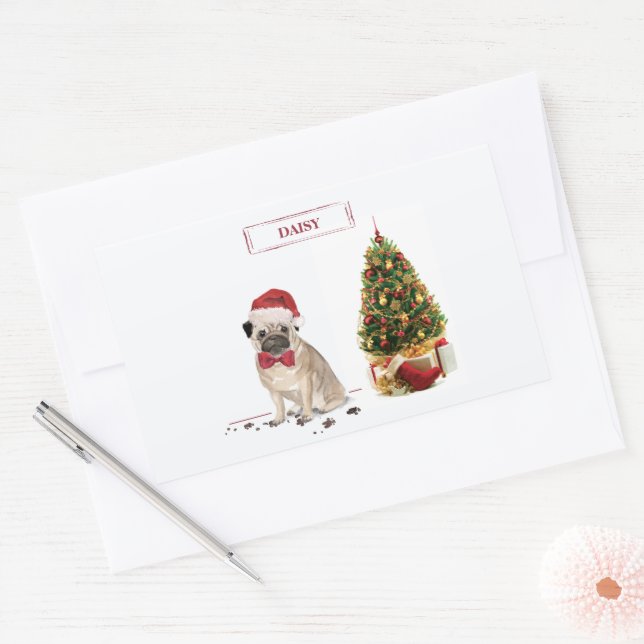 Pegatina Rectangular Pug graciosos Navidades perro con árbol (Sobre)