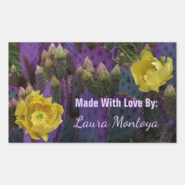 Pegatina Rectangular Púrpura Pear Opuntia Cactus Flores Amarillas (Anverso)