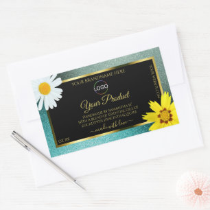 Pegatina Rectangular Purpurina azul Verde azulado floral Logotipo de et