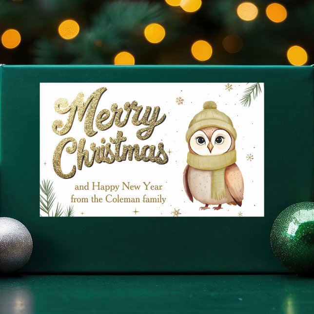 Pegatina Rectangular Purpurina Cute Gold Merry Christmas Owl (Subido por el creador)
