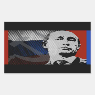 Pegatina Rectangular Putin con bandera rusa