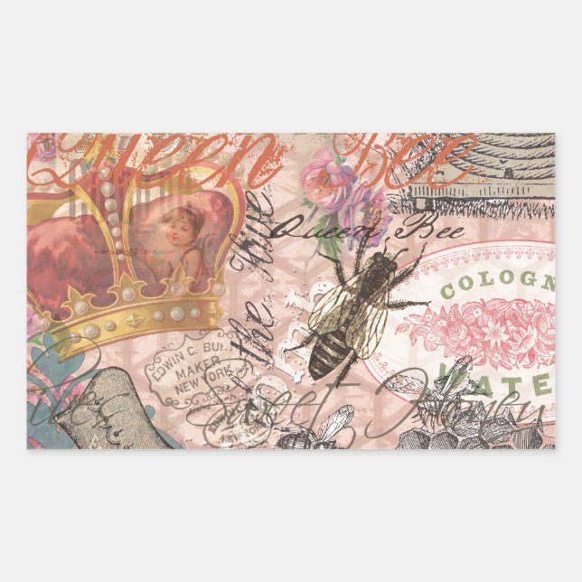 Pegatina Rectangular Queen Bee Vintage Hermoso Collage (Anverso)