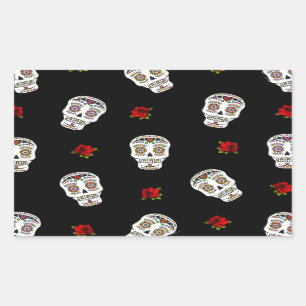 Pegatina Rectangular RAB Rockabilly Sugar Skulls Rosas en negro