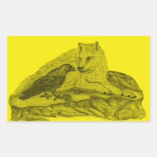 Pegatina Rectangular Rabe mit Wolf schwarz gelb Design