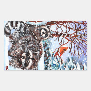 Pegatina Rectangular Racconones en la nieve