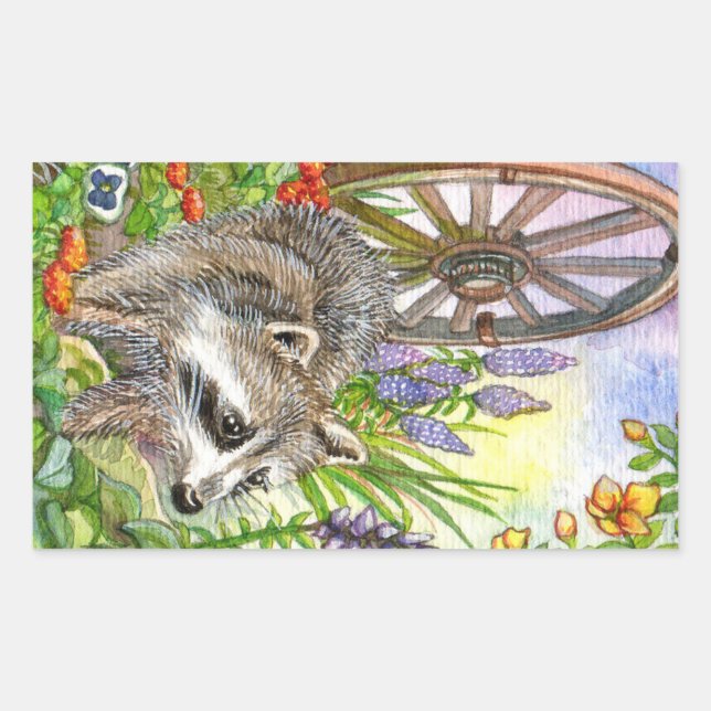 Pegatina Rectangular Racoon Por Jardín De Flores (Anverso)