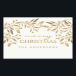 Pegatina Rectangular Ramas Holly de Feliz Christmas Gold Shimmer<br><div class="desc">Elegantes Navidades pegatinas de vacaciones que puede personalizar con su nombre o mensaje personalizado. Estilosas ramas y bayas huecas con impresionante efecto metálico de oro antiguo sobre fondo blanco vintage. Simplemente agregue su nombre o saludo personalizado para usarlos como etiquetas de regalo. La moderna y moderna tipografía mixta es perfecta...</div>