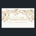Pegatina Rectangular Ramas Holly de Feliz Christmas Gold Shimmer<br><div class="desc">Elegantes Navidades pegatinas de vacaciones que puede personalizar con su nombre o mensaje personalizado. Estilosas ramas y bayas huecas con impresionante efecto metálico de oro antiguo sobre fondo blanco vintage. Simplemente agregue su nombre o saludo personalizado para usarlos como etiquetas de regalo. La moderna y moderna tipografía mixta es perfecta...</div>