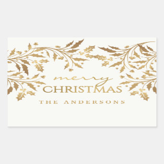 Pegatina Rectangular Ramas Holly de Feliz Christmas Gold Shimmer