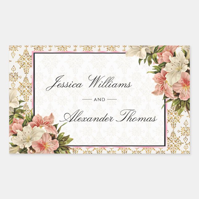 Pegatina Rectangular Ramos de primavera chic y bodas con brillos dorado (Anverso)