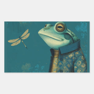 Pegatina Rectangular Rana Elegante y Libélula - Animal Surrealista Vint