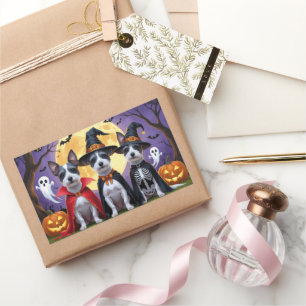 Pegatina Rectangular Rat Terrier Perros Calabaza Halloween Graciosa