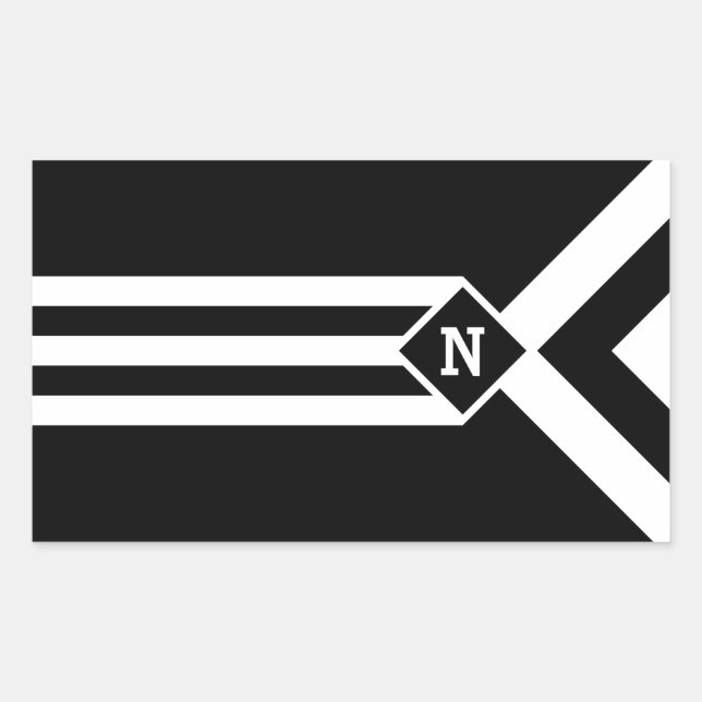 Pegatina Rectangular Rayas blancas y chevrras en negro con monograma (Anverso)