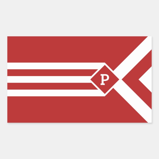 Pegatina Rectangular Rayas blancas y chevrras en rojo con monograma (Anverso)