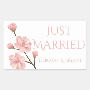 Pegatina Rectangular Recién Casados Boda Flor de Cerezo Rosa