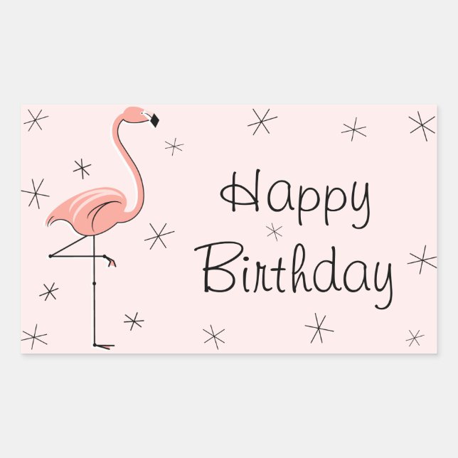 Pegatina Rectangular Rectángulo Flamingo Pink Happy Birday (Anverso)