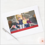 Pegatina Rectangular Rectángulo rojo Merry Christmas Photo Pegatinas<br><div class="desc">Rectángulo rojo pegatinas de fotos navideñas con texto y foto cambiables. Fotografía © Storytree Studios,  Stanford,  CA</div>