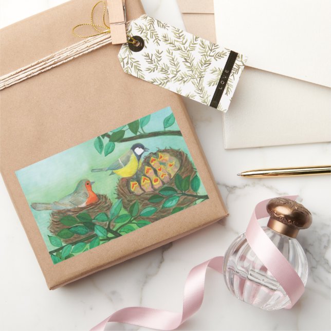 Pegatina Rectangular Red Robin y Great Tit Bird Nesting (Regalar)