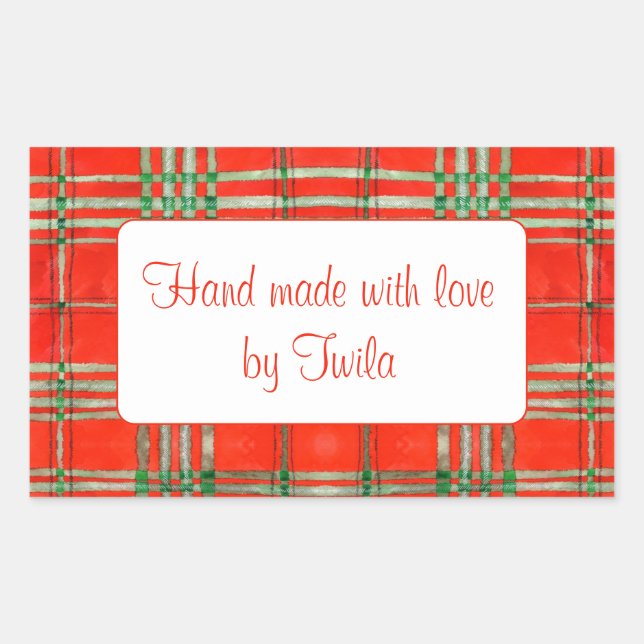 Pegatina Rectangular RED SCOTT TARTAN Rectangle "Hand Made" Pegatinas (Anverso)