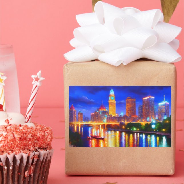 Pegatina Rectangular reflejo lujo colorido puente ciudad neón (Fiesta)