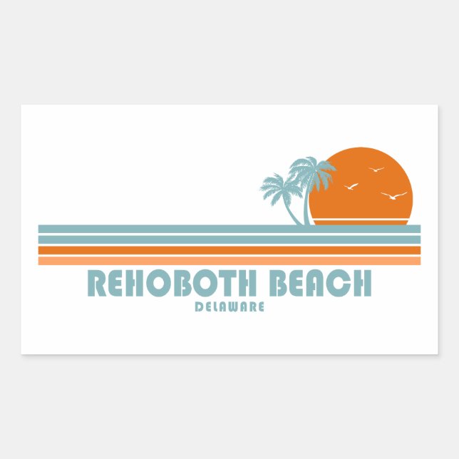 Pegatina Rectangular Rehoboth Beach Delaware Sun Palm Trees (Anverso)